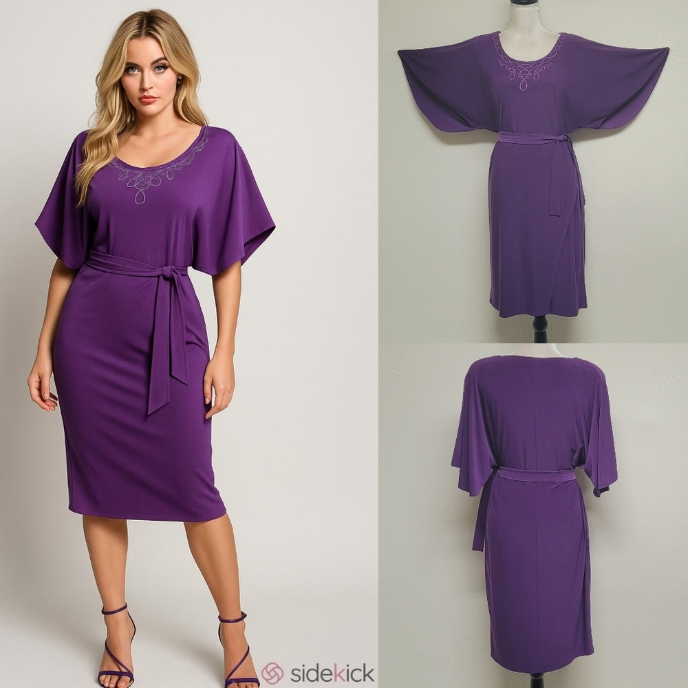 Anne Klein Vintage 90s Purple Embroidered Flutter Sleeve Faux Wrap Midi Dress 8